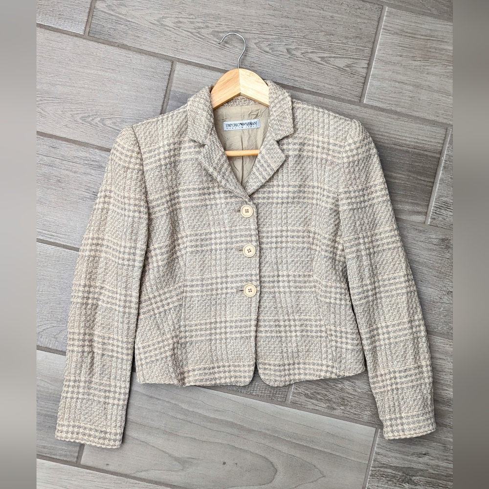Vintage Armani Tweed Houndstooth tweed Chanel Women's beige wool blazer jacket